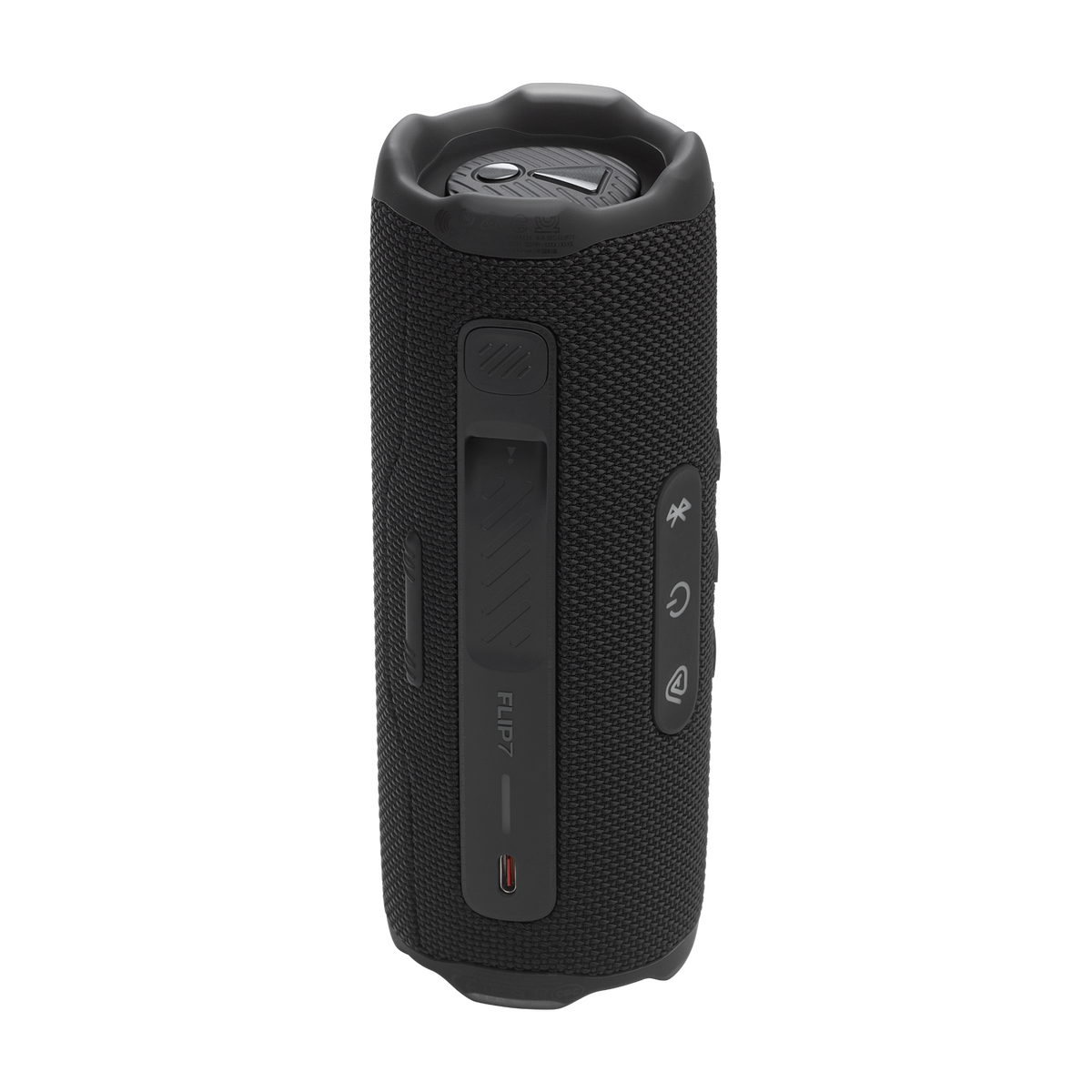 JBL Flip 7 in Black, rear view showing controls and USB-C port