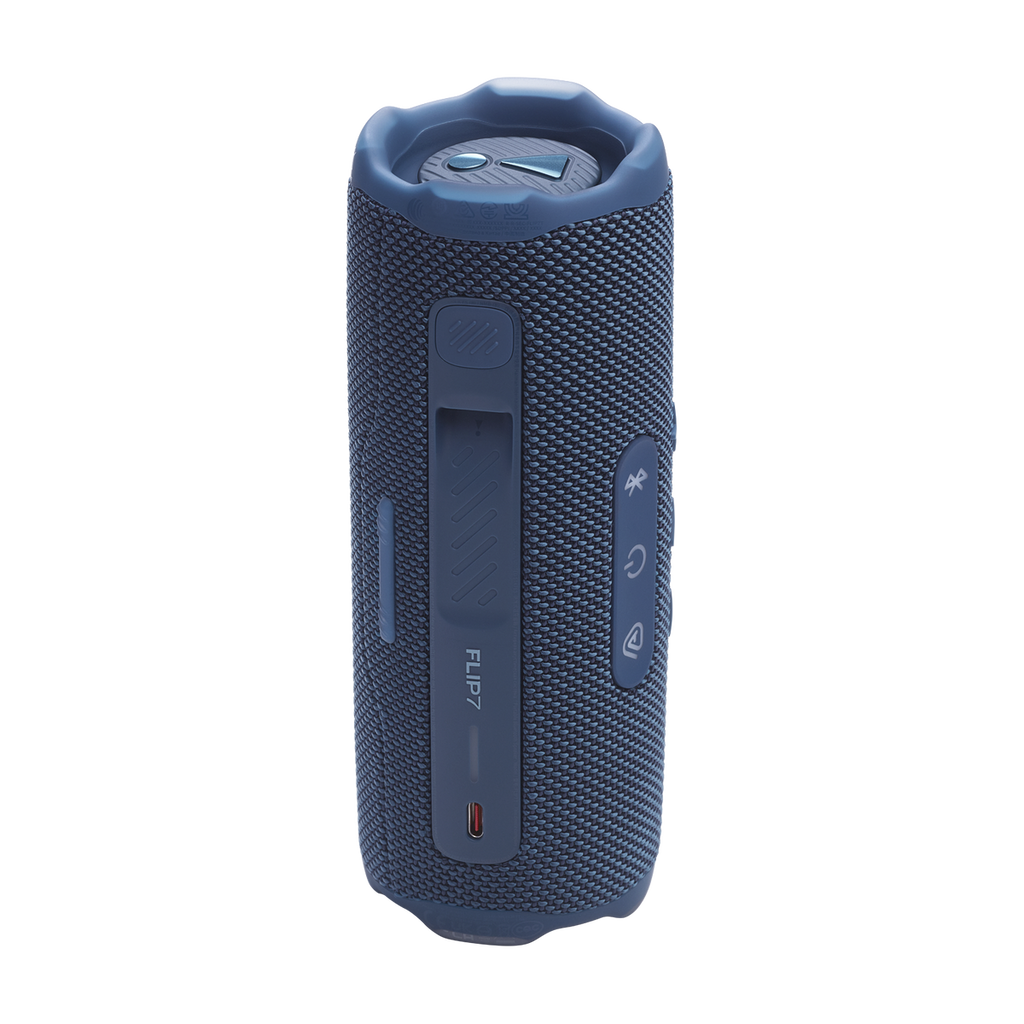 JBL Flip 7 in Blue, rear view showing controls and USB-C port