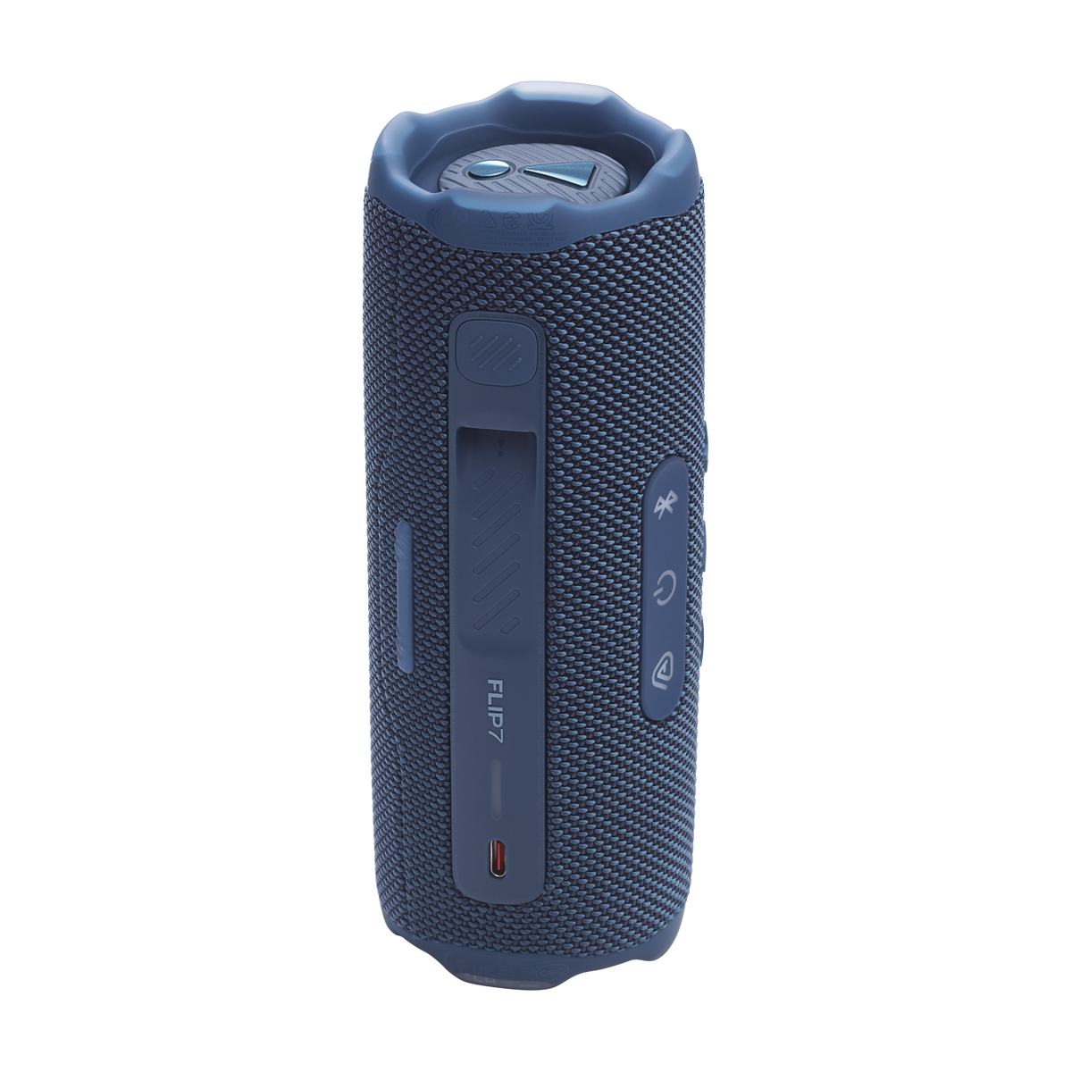 JBL Flip 7 in Blue, rear view showing controls and USB-C port