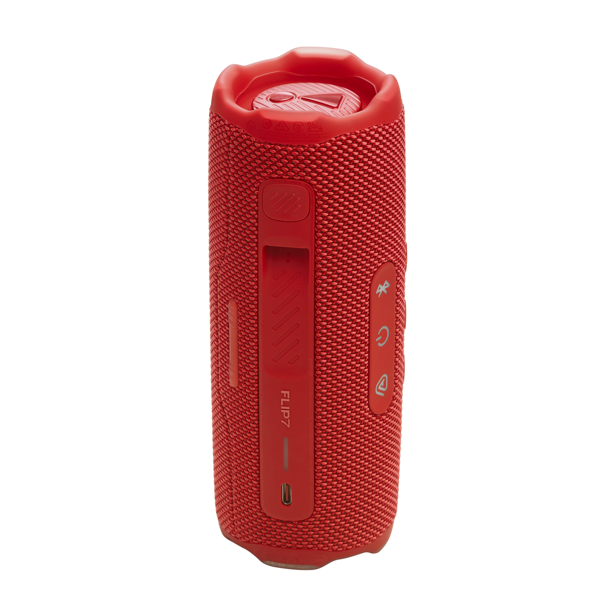 JBL Flip 7 in Red, rear view showing controls and USB-C port